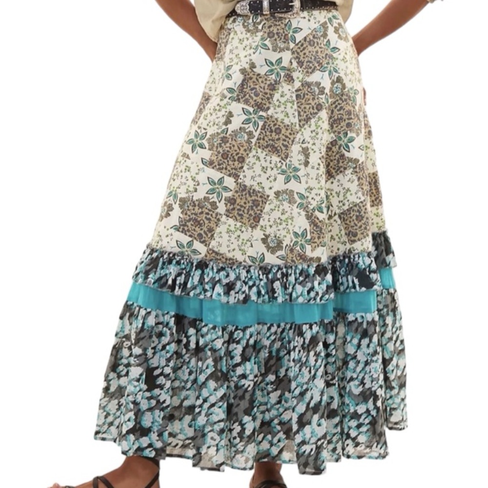 Raga Floral Patchwork Maxi Skirt Size Large Mixed Print Cotton Ruffle Hem